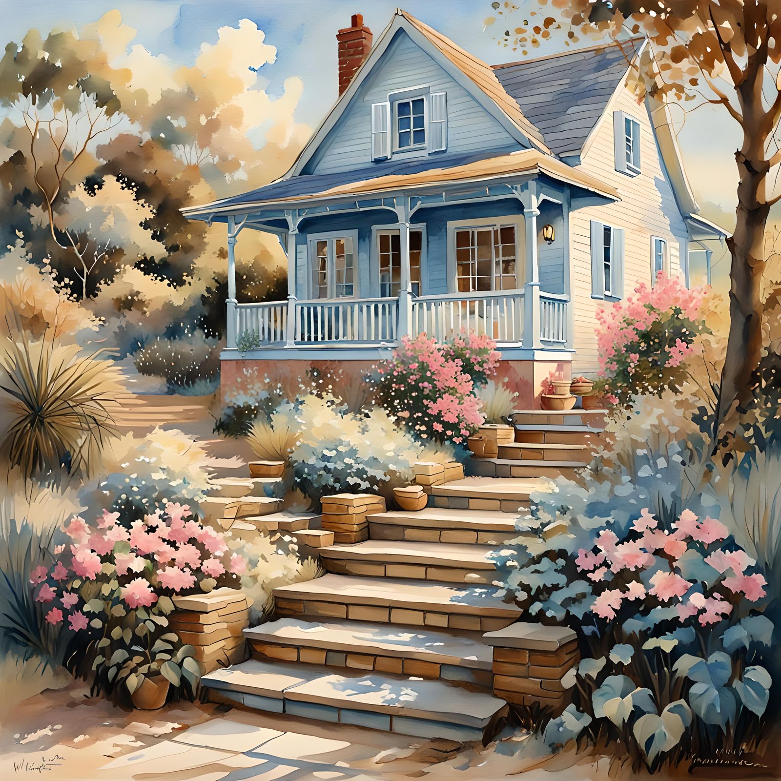 Beach Cottage Watercolor Painting in Fantastic Realism