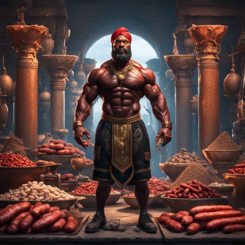 Egyptian Bodybuilder with Sausages: Detailed Fantasy Art