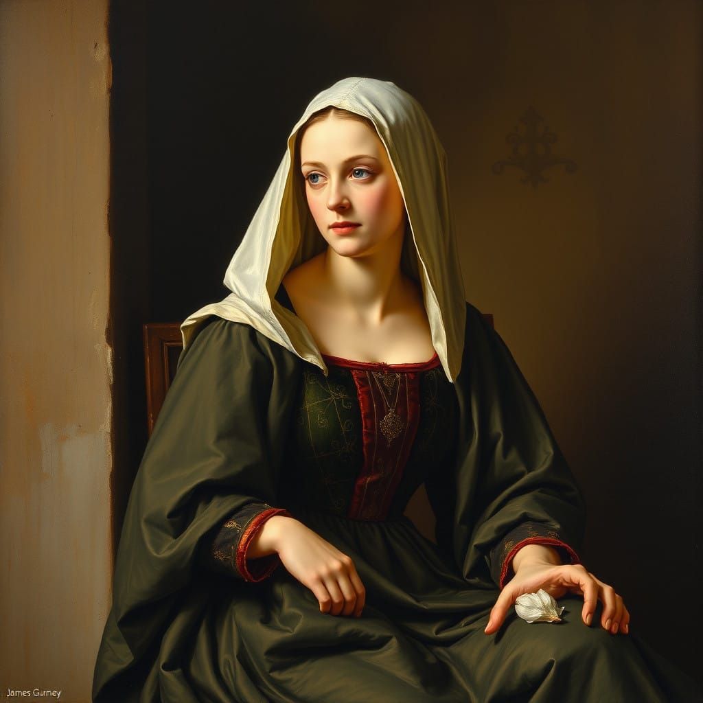 Lady in Renaissance Attire, 14th Century Oil Painting