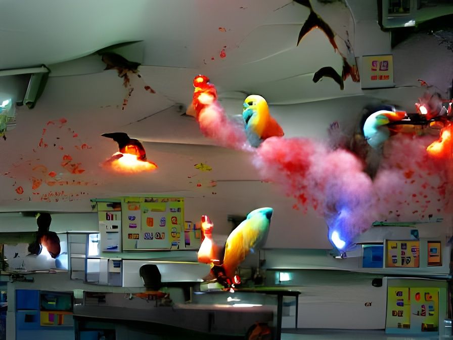 Vibrant Cockatoos Amidst a Classroom of Glowing, Explosive S...