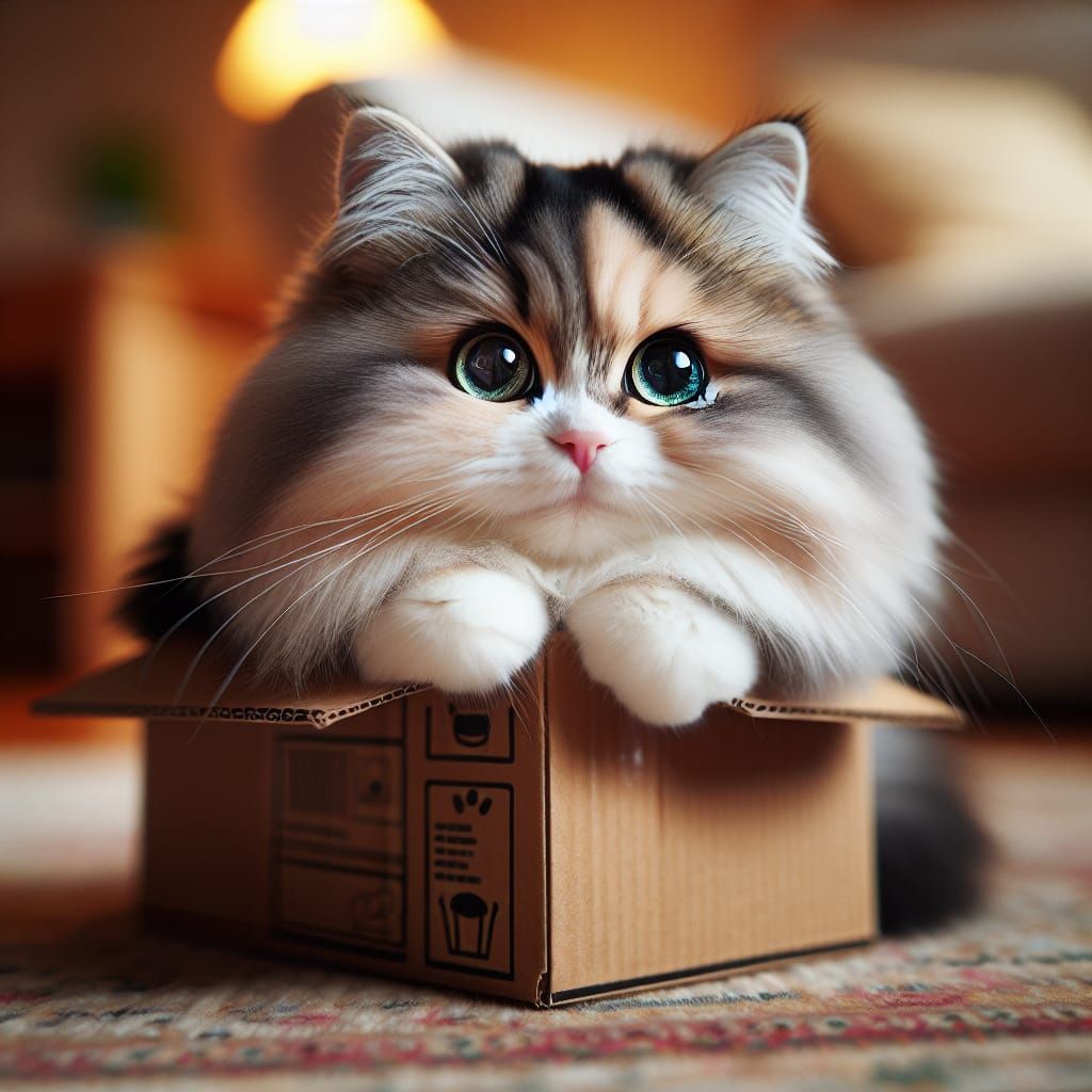 Adorable Cat Curiously Tucked in Cardboard Box