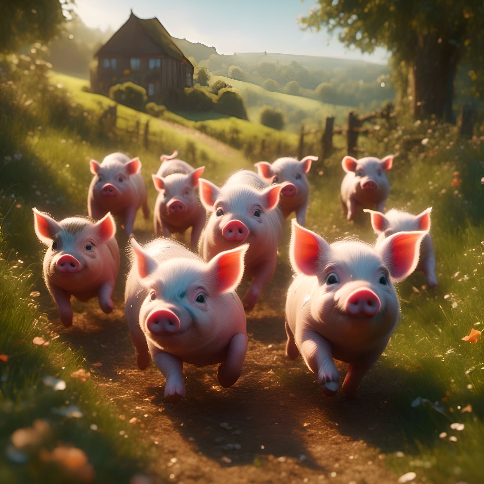 Cute Mini Pigs Race in English Countryside: 3D Art