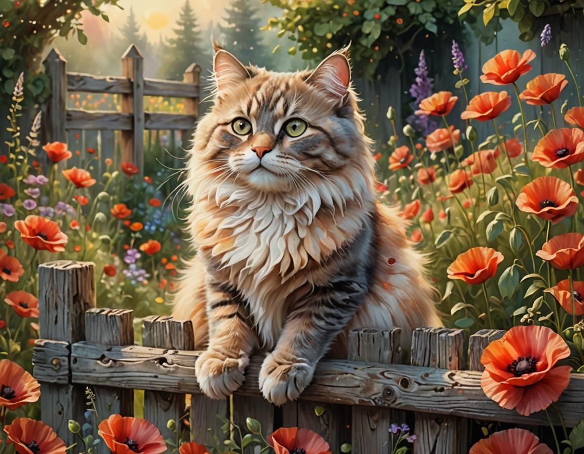 Enchanting Cat in Poppies Garden, Whimsical Illustration