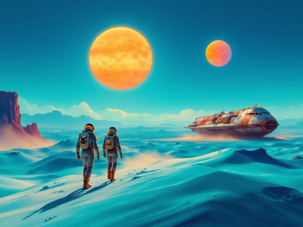 Retro-Futuristic Explorers Cross Alien Azure Desert Under Tw...