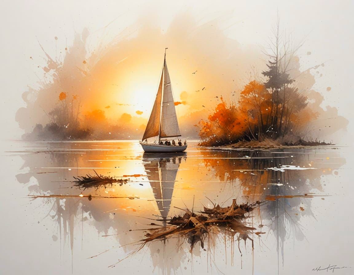 Golden Sunrise Over Misty Lake with Sailboat