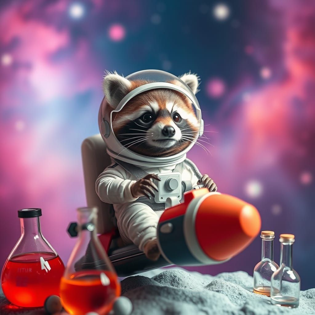 Raccoon Astronaut Piloting Rocket Through Nebula, Hyperreali...