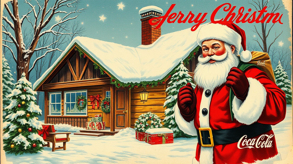 Vintage Christmas Card with Santa and Cozy Cabin