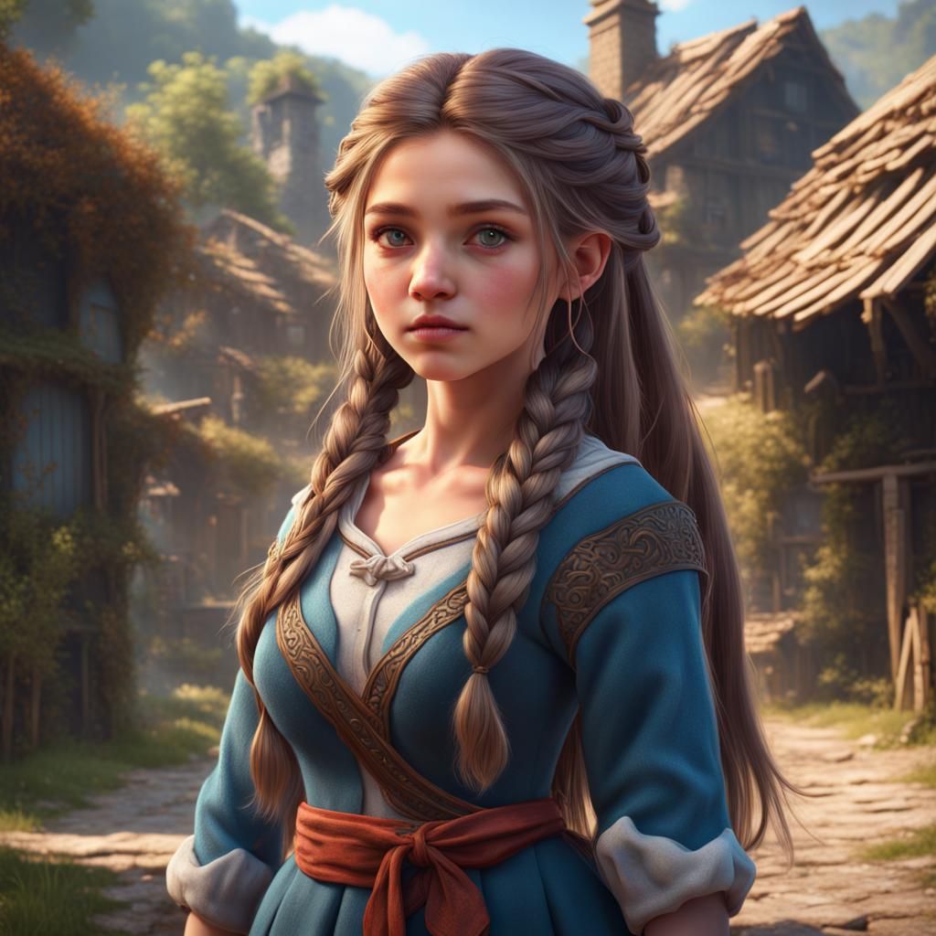 Cute Village Girl: Detailed Fantasy Art