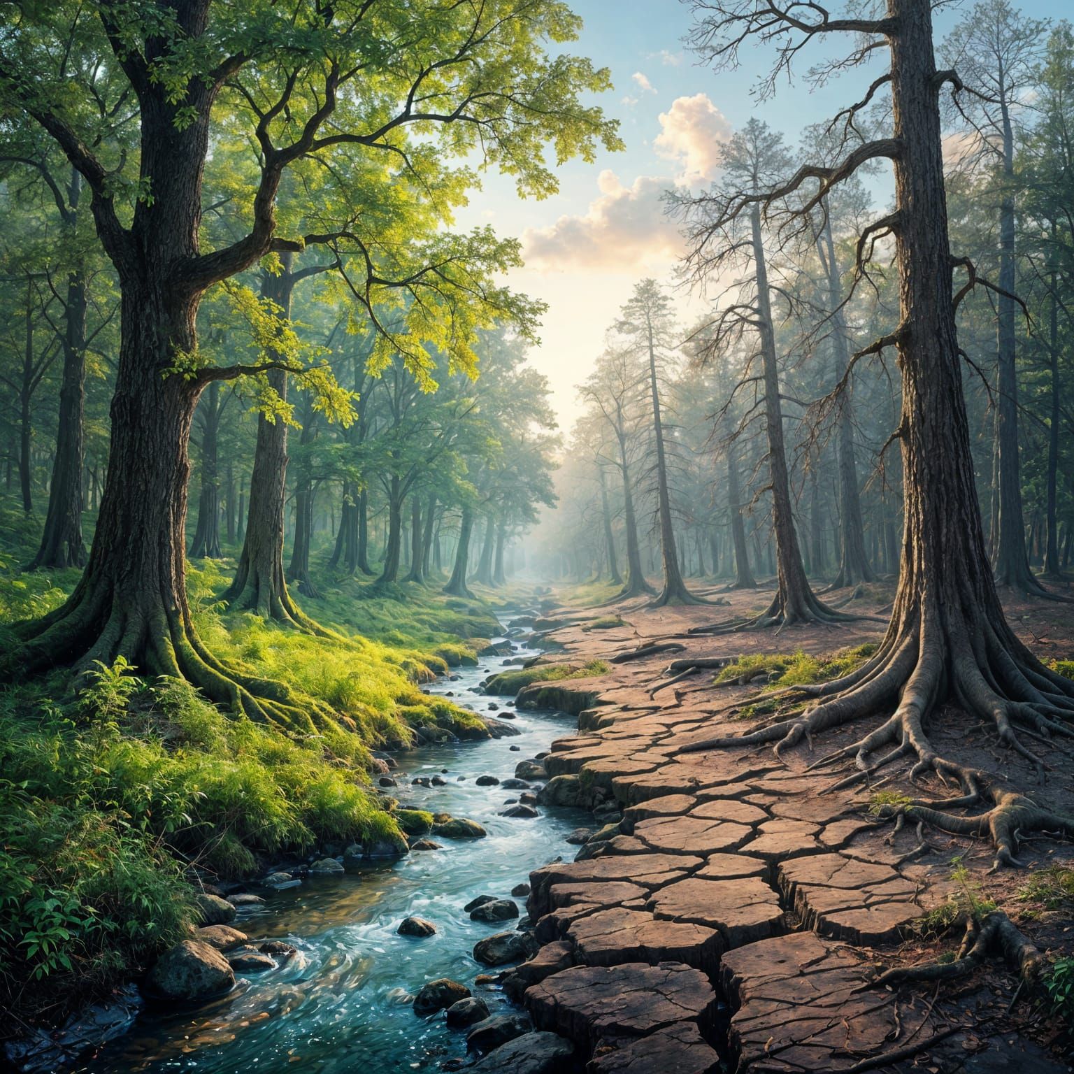 A split image depicting an ancient forest.