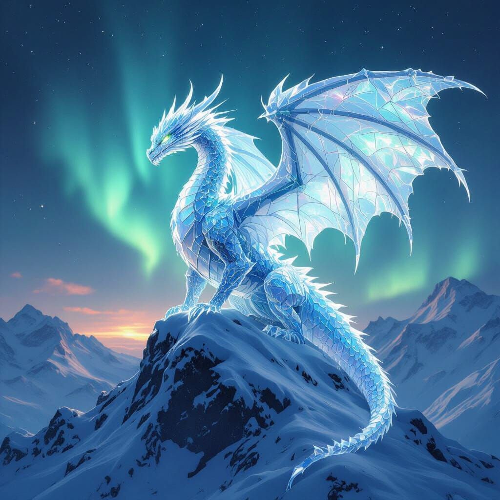 Ice Mosaic Dragon with Cryo Wings Under Aurora Borealis