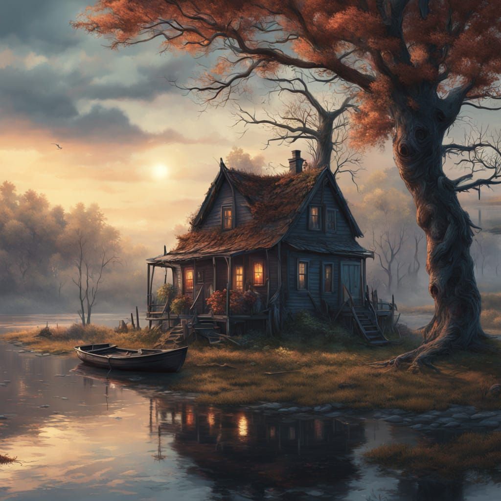 Twisted Tree on a Haunting Hillside Lagoon