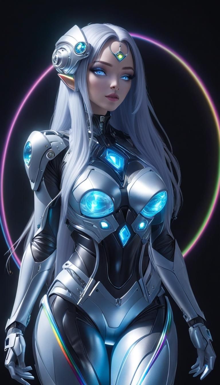 Gem Blue Alien Girl with Rainbow Power Lines