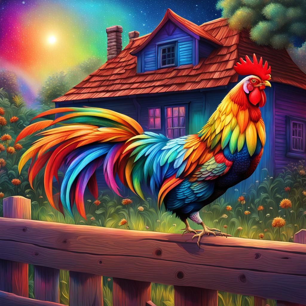 Rainbow Rooster on Fence: Holographic Astral Illustration