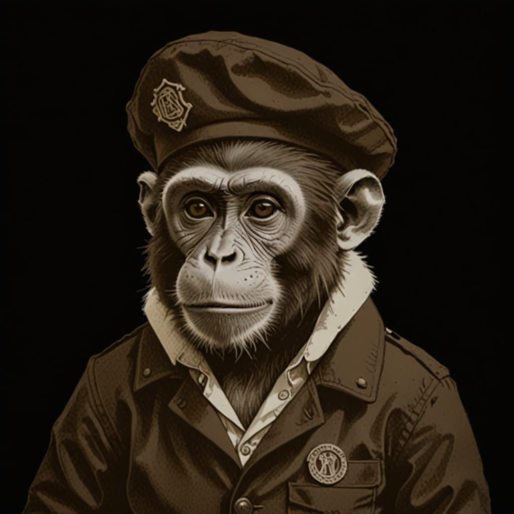 Monkey in Elegant Beret and Military Uniform, Intaglio Print
