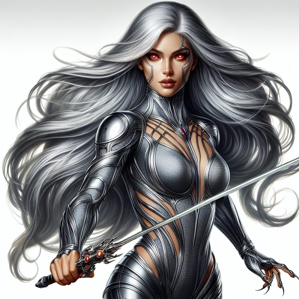 a portrait of a mutant female, she has long silver hair, red...