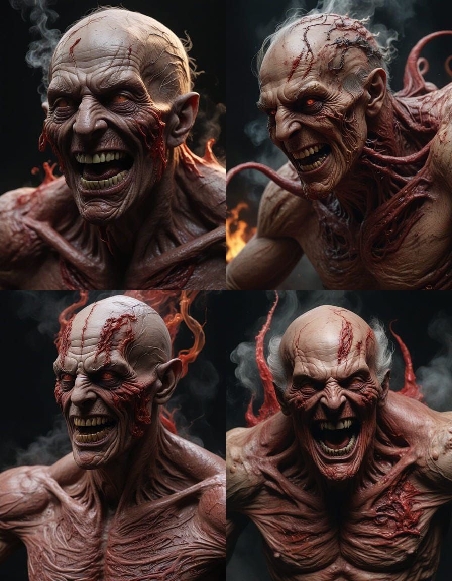 Dark Surrealist Demon Emerging from Elderly Man in Crimson S...