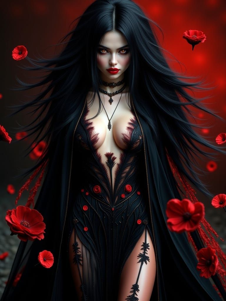 Sultry Vampire with Flowing Hair in Gothic Style