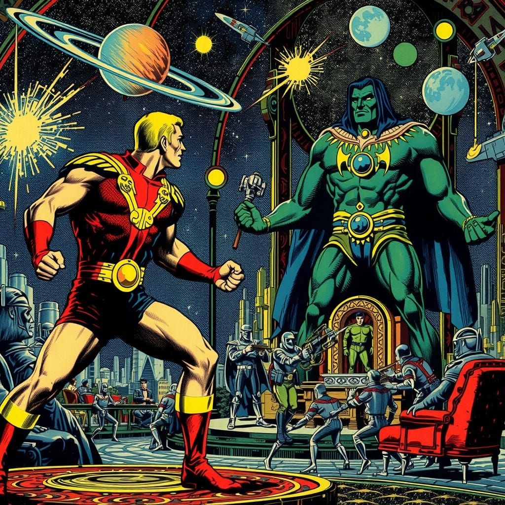 Space Hero Confronts Tyrant in Pulp Comic Style