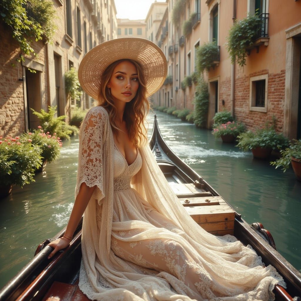 Woman in Gondola: Photorealistic Cinematic Elegance