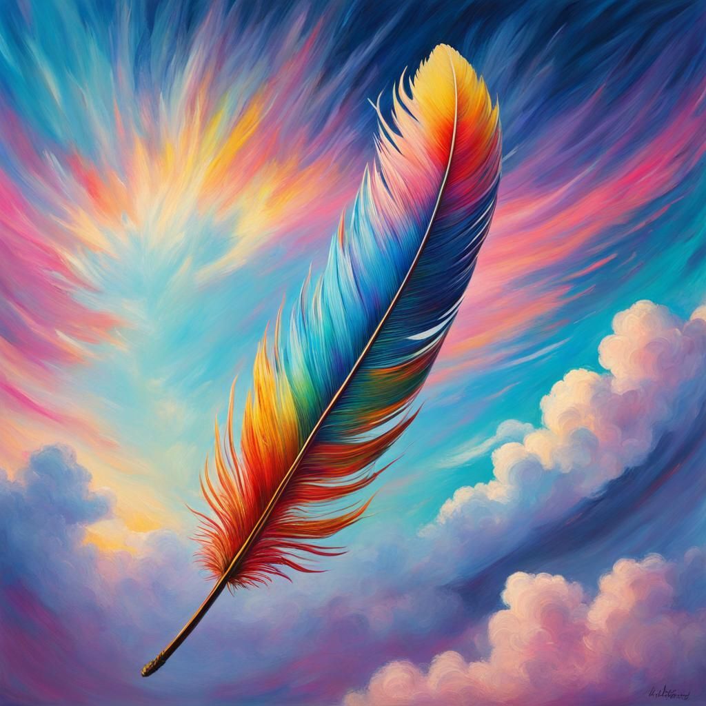 Colorful Feather Descends from Pastel Sky: Expressionist Art