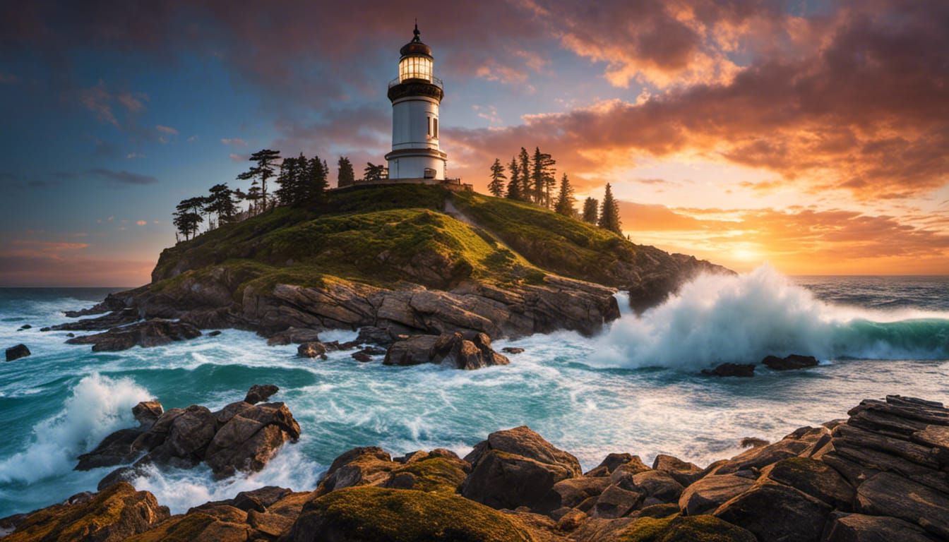 Magnificent Seascape with Lighthouse at Sunset