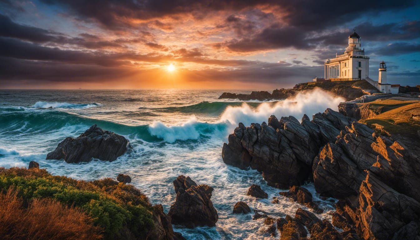 Magnificent Seascape with Lighthouse at Sunset