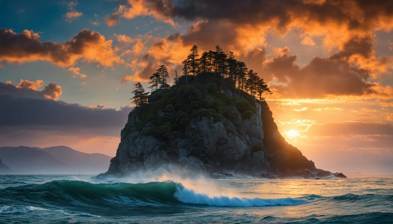 Hyperrealistic Seascape with Crashing Waves and Dramatic Sun...