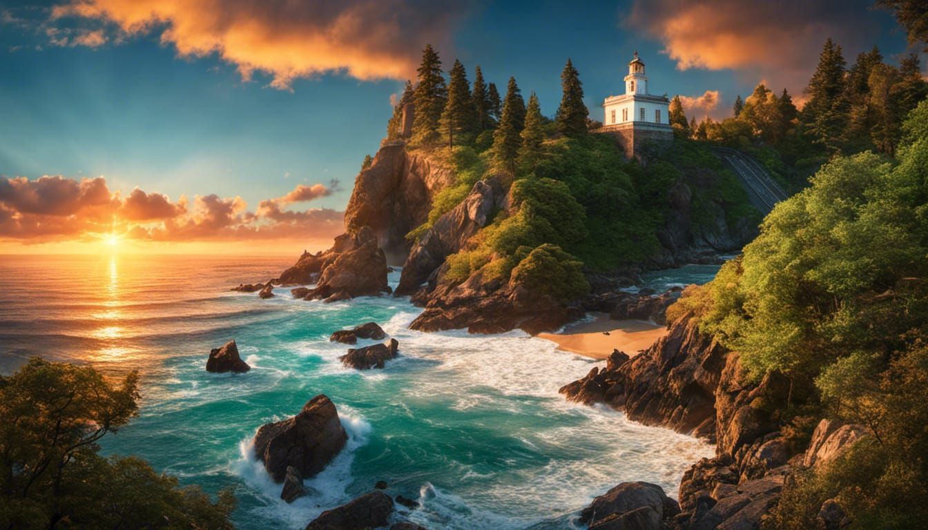 Magnificent Seascape with Lighthouse at Sunset