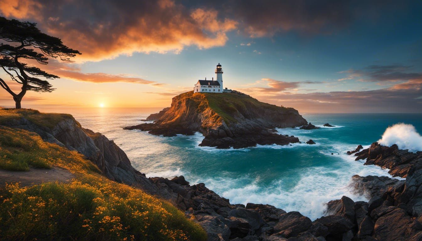 Magnificent Seascape with Lighthouse at Sunset