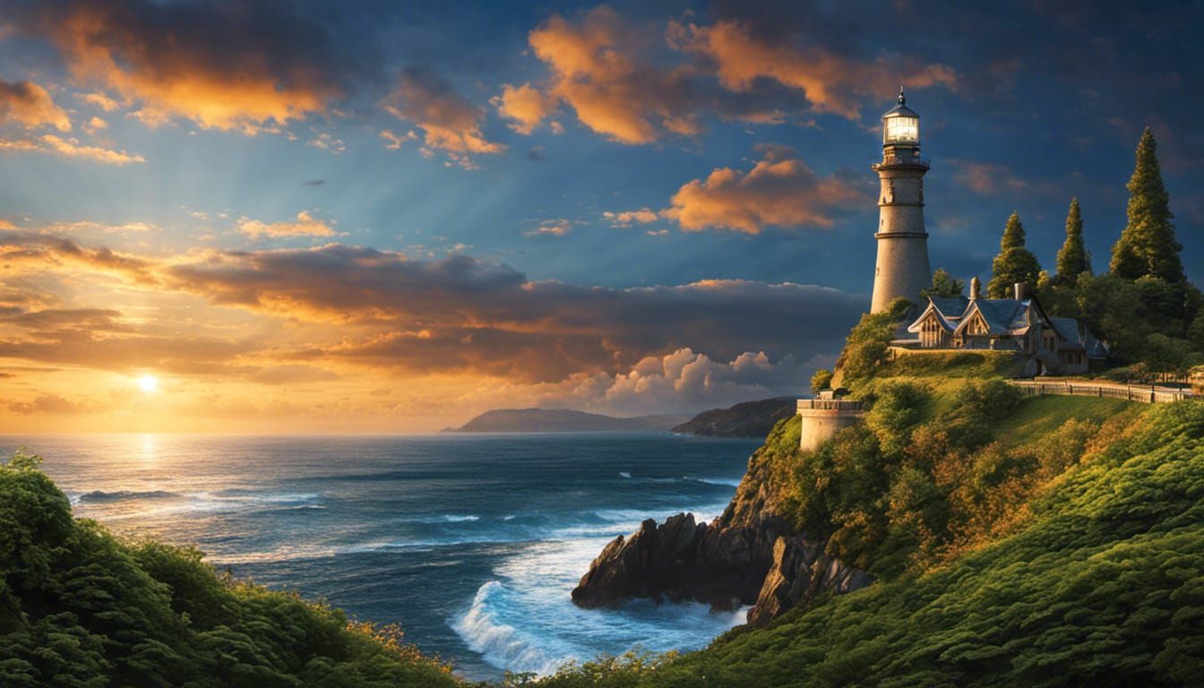 Dramatic Seascape with Lighthouse at Sunset