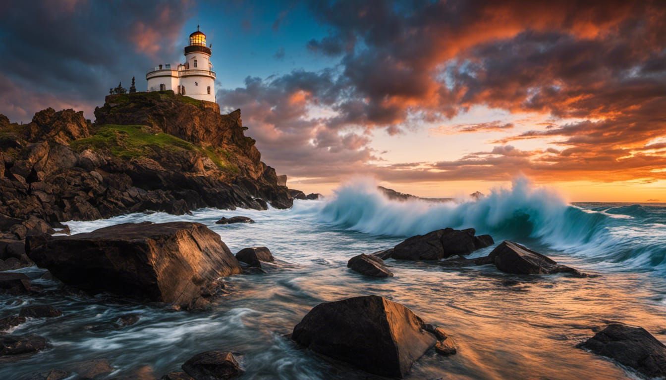 Magnificent Seascape with Lighthouse at Sunset