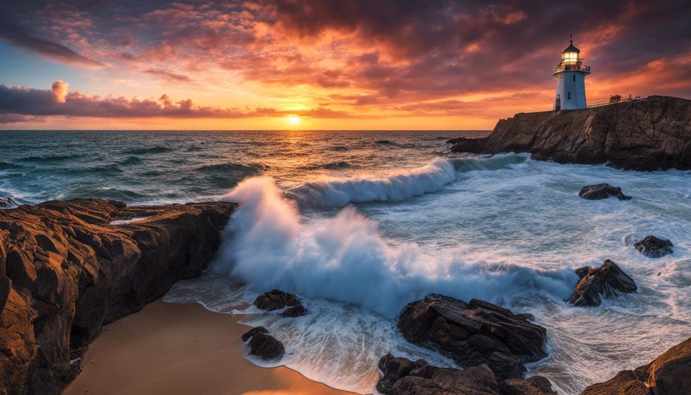 Dramatic Seascape with Lighthouse and Crashing Waves
