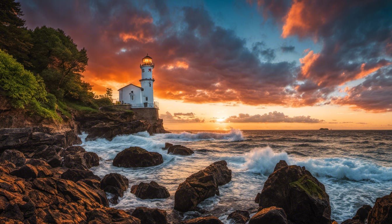 Magnificent Seascape with Lighthouse at Sunset