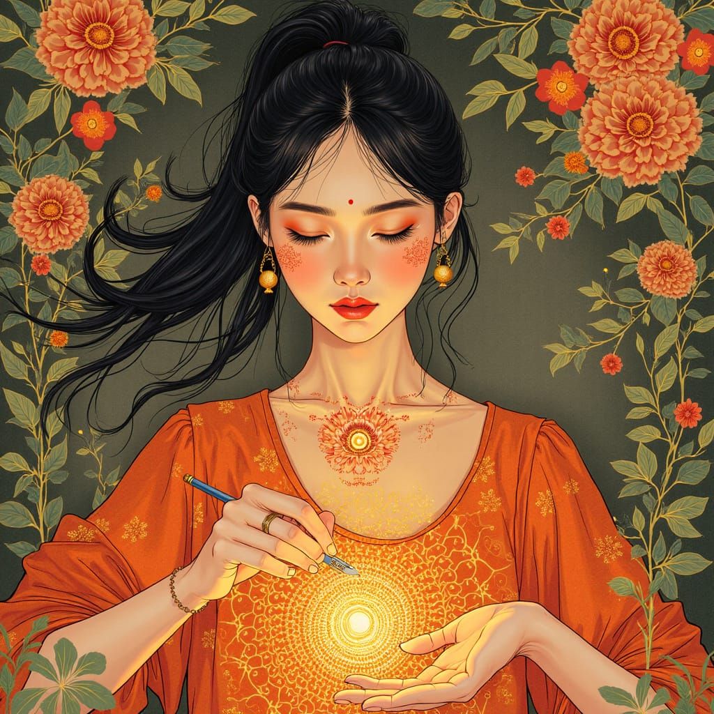 spirographing, in the style of feminine portraiture, dark orange and light gold, asian-inspired motifs,