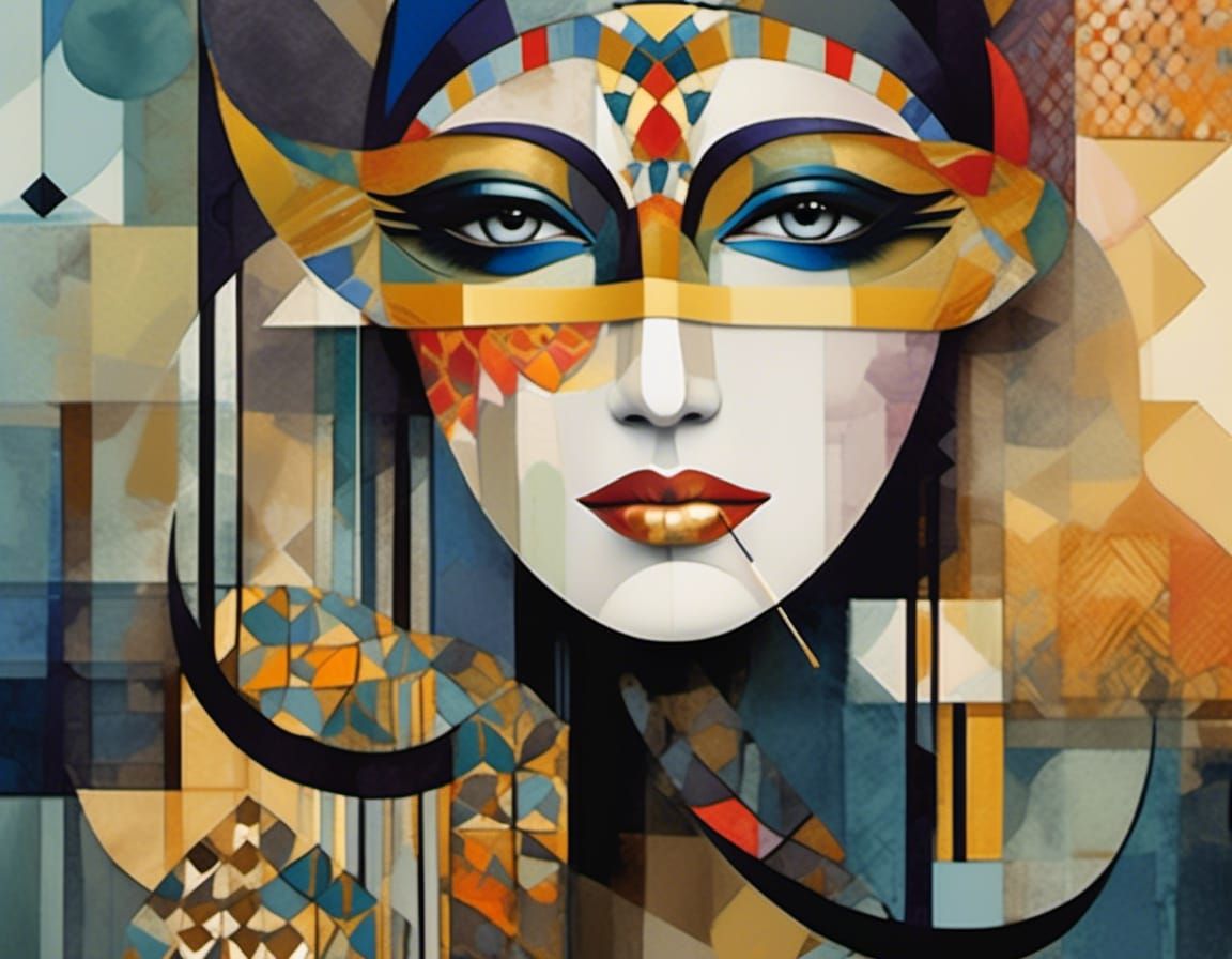 Surreal Venetian Masked Girl Portrait in Cubist Style