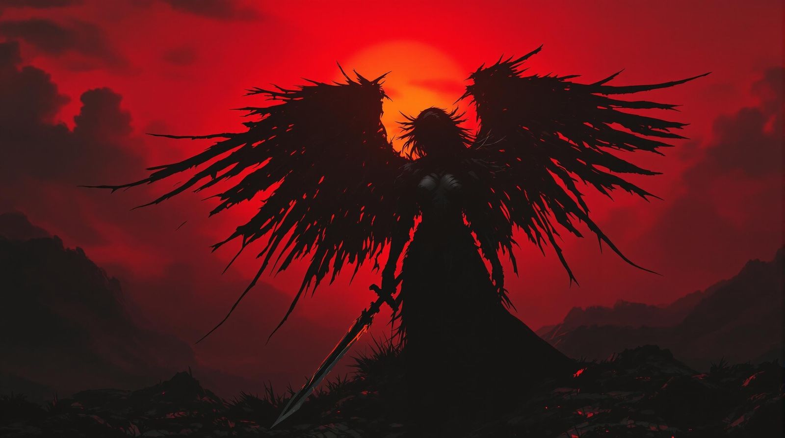 Sorrowful Valkyrie Silhouetted Against Crimson Sunset
