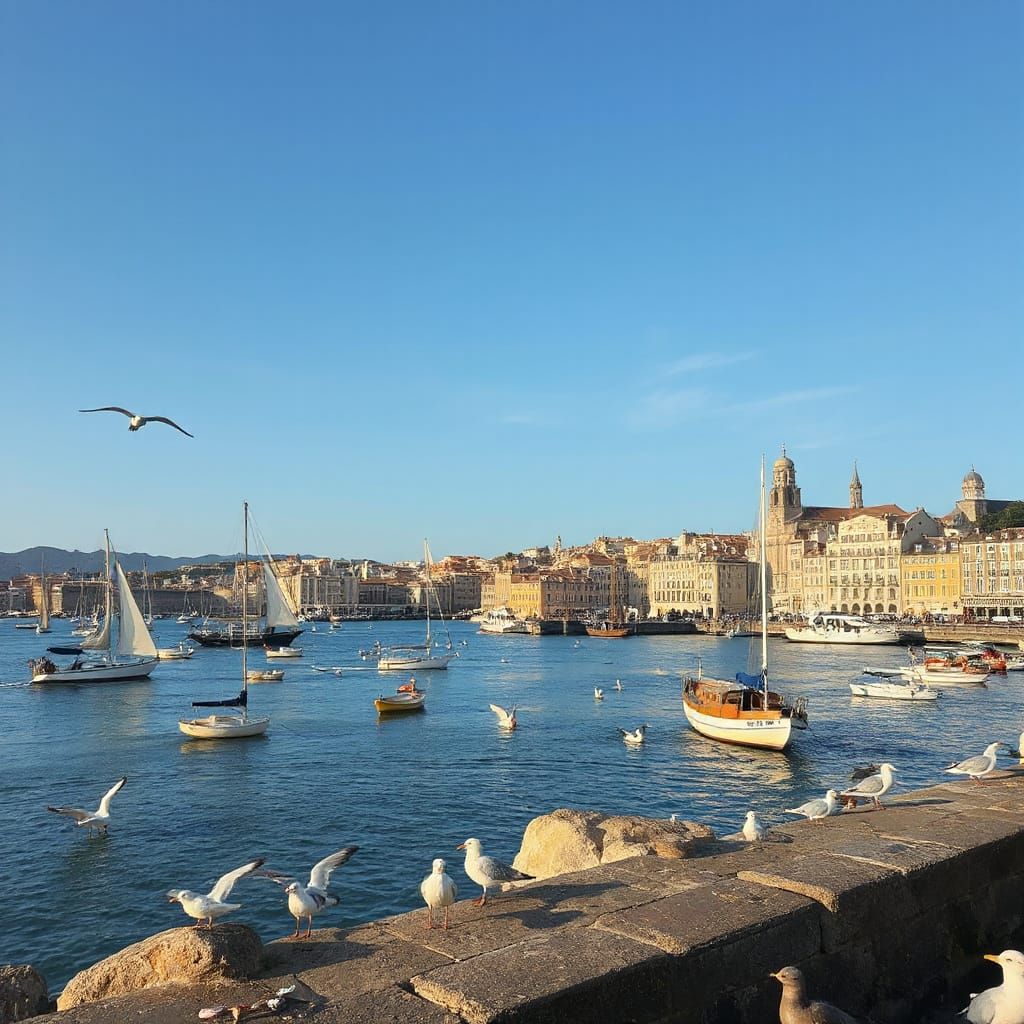 Impressionist Coastal City with Sailboats and Seagulls