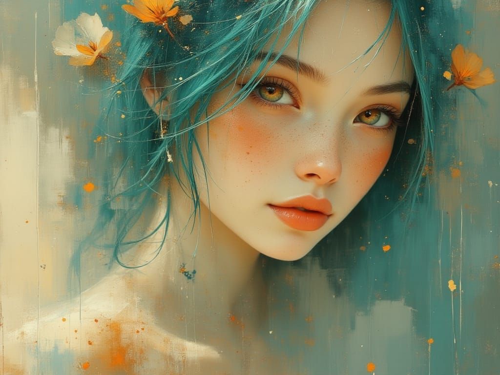 K-Pop Idol with Glowing Teal Hair in Floral Outfit