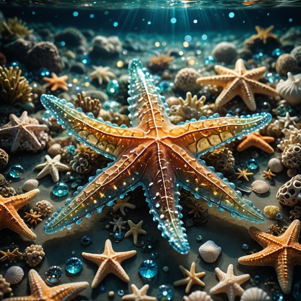 Luminous Glass Starfish in Magical Sea Scene