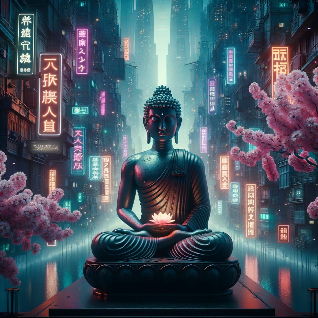 Buddha in Cyberpunk Cityscape at Dusk