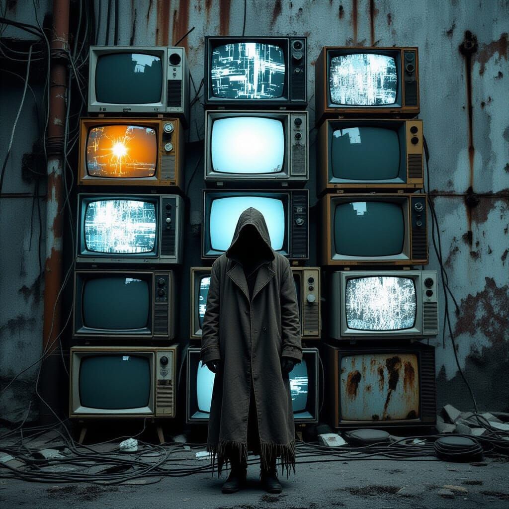 Figure Before Static TV Wall in Gritty Realism
