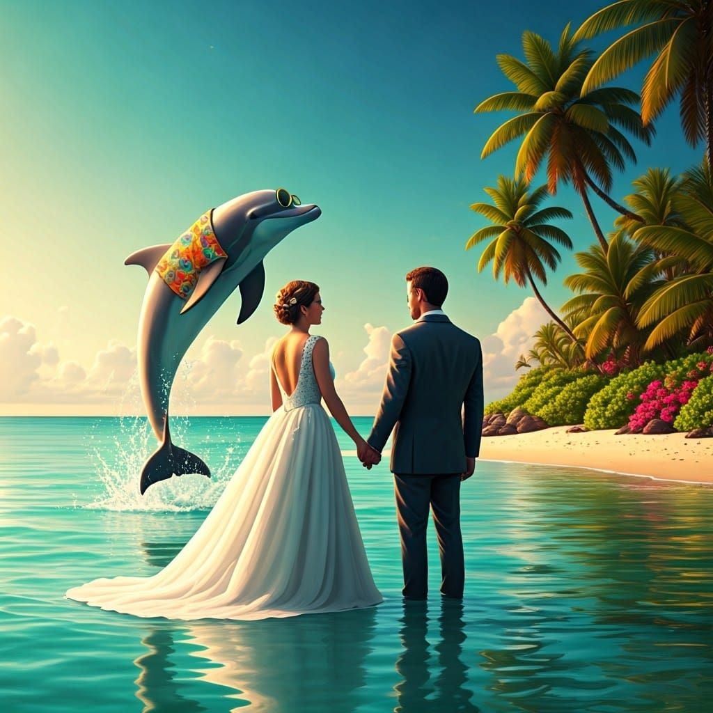 Whimsical Dolphin Photobombs Beach Wedding at Sunset