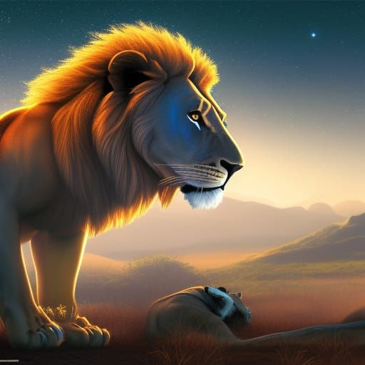 Lion Hunt Under African Stars: Fantasy Concept Art