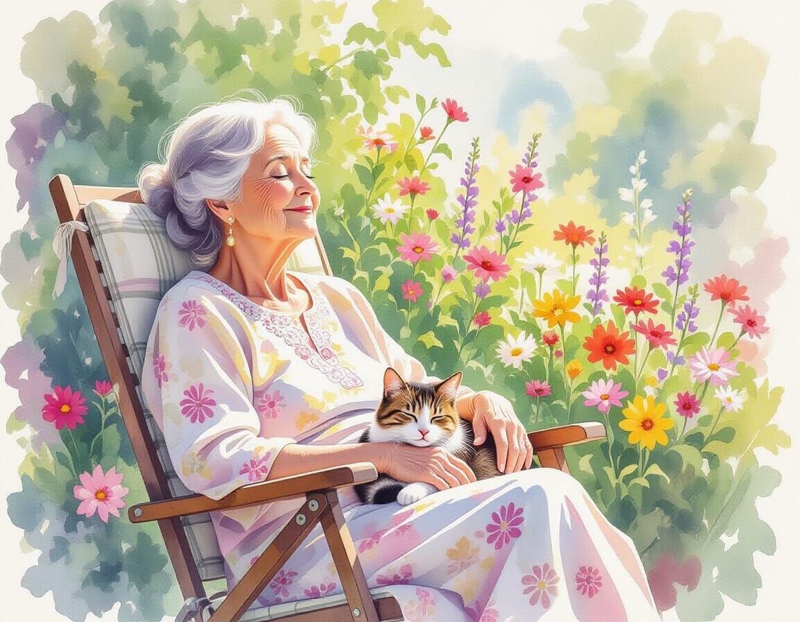 Woman and Cat Find Inner Peace in Watercolor Flowerscape