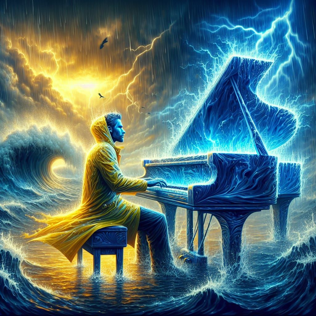 Plasma Piano Man in Stormy Expressionist Seascape