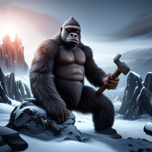 King Kong with Hammer on Snowy Mountain