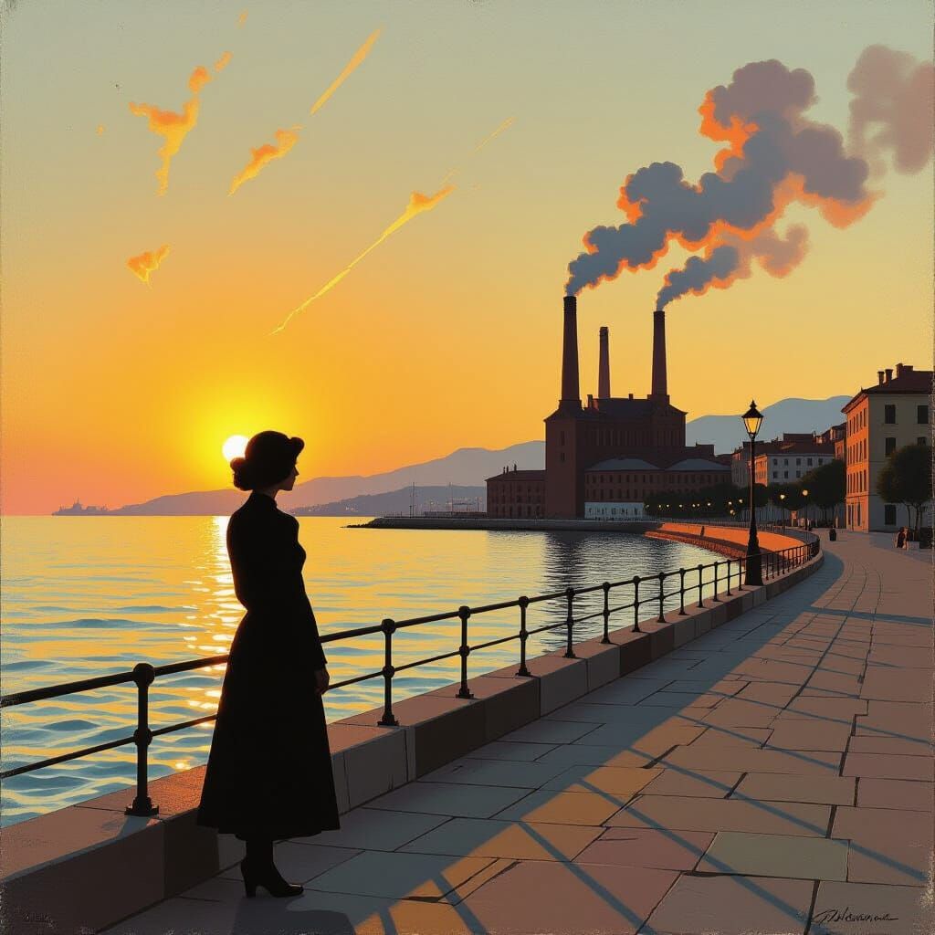 Seaside Silhouette near Industrial Chimneys: Dreamlike Photo