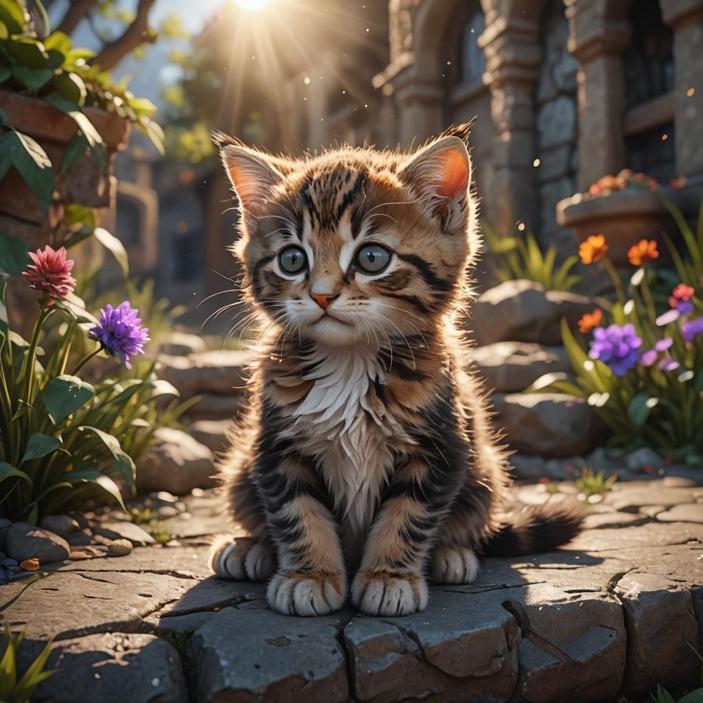 Cute Kitten Sunbathing: Detailed Matte Painting