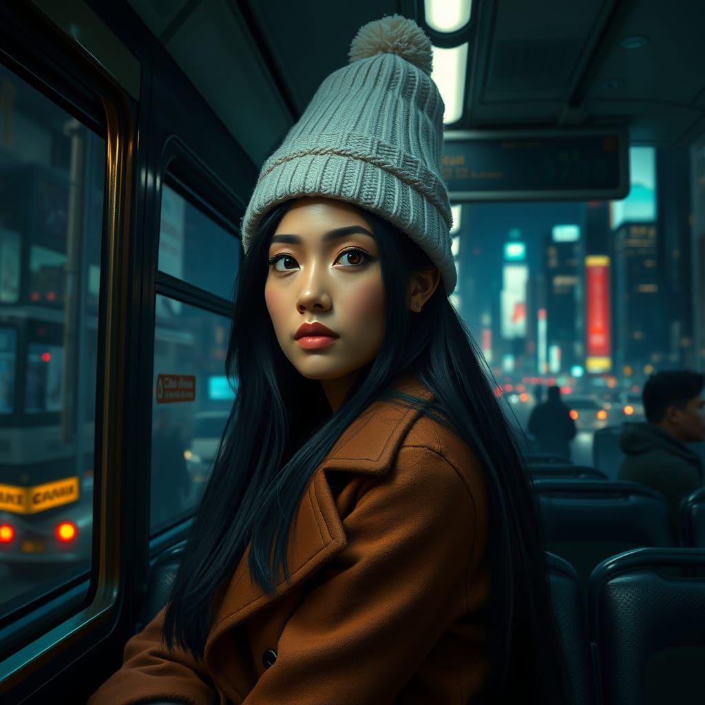 Sophisticated Woman Contemplates Nighttime Metropolis