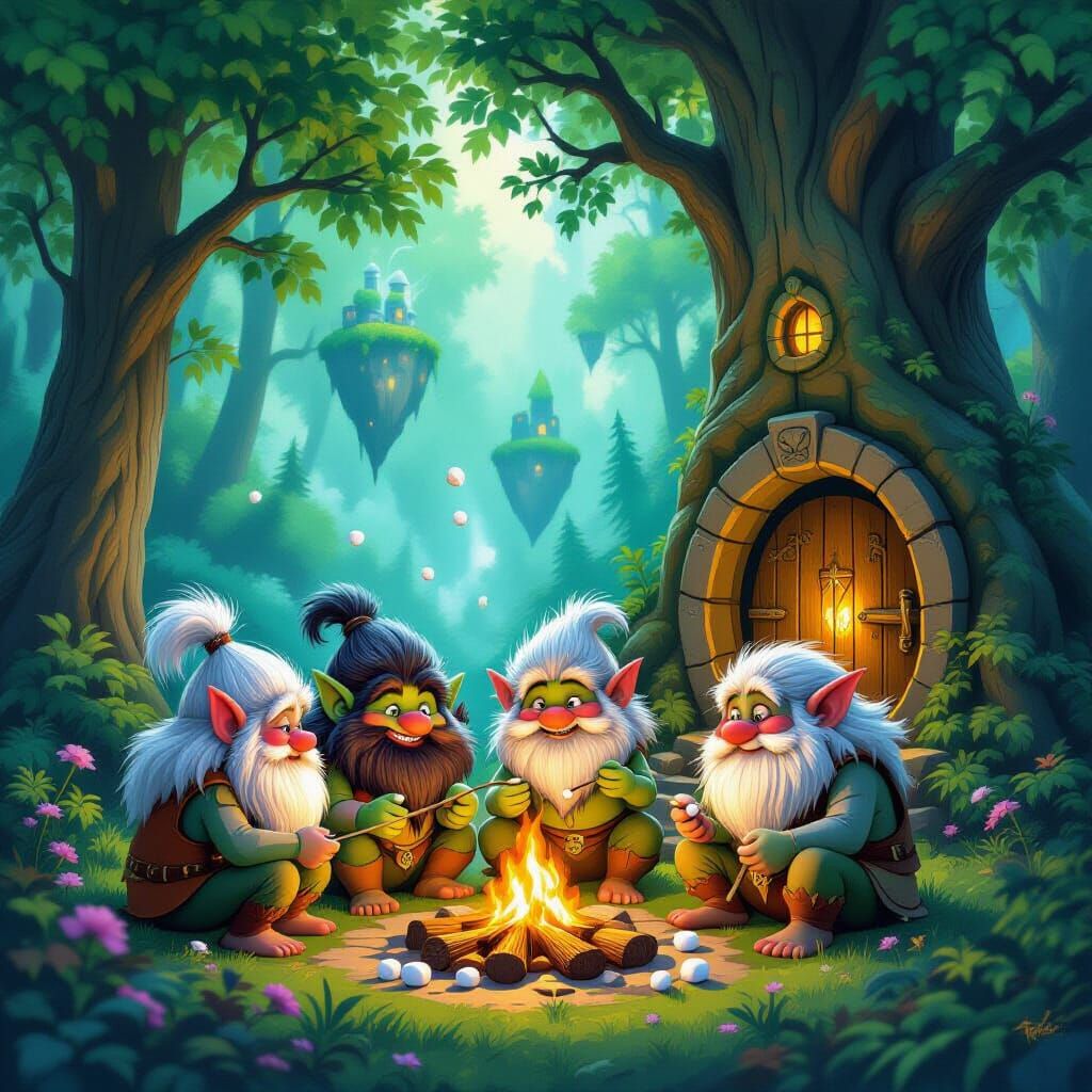 Troll Family Campfire Scene in Matte Painting Style